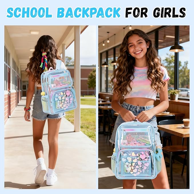 MOONBABY Clear Backpack for School Girls, Heavy Duty TPU Transparent Backpack Stadium Events Approved, Clear Bookbag