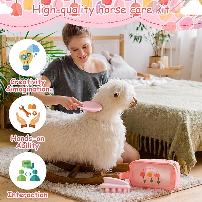 Stick Horse Grooming Kit - 7-in-1 Set with Storage Bag, Brushes, Combs & High-Density Sponge for Plush & Long Mane Care - Pink Nordic Style
