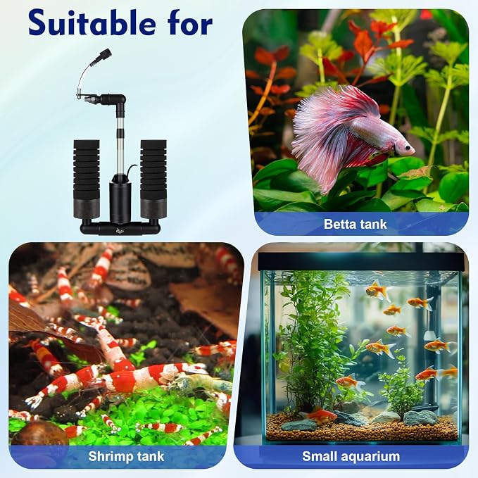 AQQA Electric Sponge Filter for Aquarium, Quiet USB Powered Breeding | Shrimp Filter with Bio Ceramic Media, Adjustable Air Intake & 360° Rotatable Outflow (110V Adapter Included) (S)