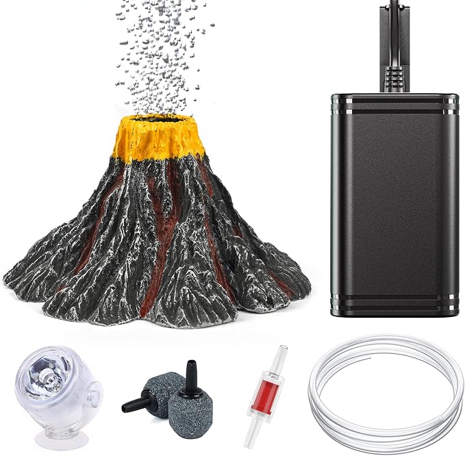 Uniclife Aquarium Volcano Ornament Kit Volcanic Eruption Decoration with Mini Air Pump Red LED Spotlight Air Stone Bubbler Airline Tubing Check Valve Fish Tank Resin Decor for Landscape and Aeration