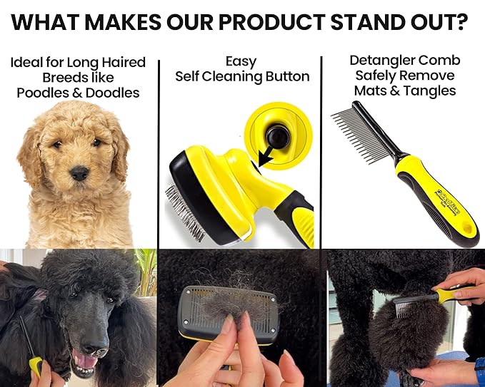 Doodle Brush Slicker for Dogs - Self Cleaning Dog Brush for Poodles, Goldendoodle Grooming Kit with Detangler Comb