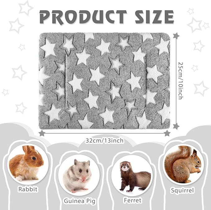 Haull 4 Pcs Waterproof Guinea Pig Bedding Guinea Pig Bed Plush Cage Liners Soft Rabbit Dog Crate Pad Cat Mat Reversible Cozy Animal Pee Pad Hamster Bunny Mat Accessory(Gray Star,13 x 10 Inch)