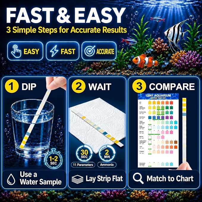 12-in-1 Aquarium Test Strips for Ammonia, 50ct Fish Tank Water Testing Kit | Aquarium Water Test Kit, Fish Tank Test Strips and Water Test Kit for Fish Tank; Detects Hydrogen Sulfide, Nitrate and More