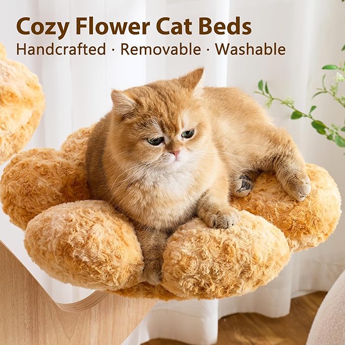 Aesthetic Flower Cat Tree Tower with Scratching Post for Indoor Cats, 48" Modern Cat Tree with Wood Sculpted Branch, Flower Cat Beds, Scratching Board & Interactive Squeaky Toy, Sunset Brown