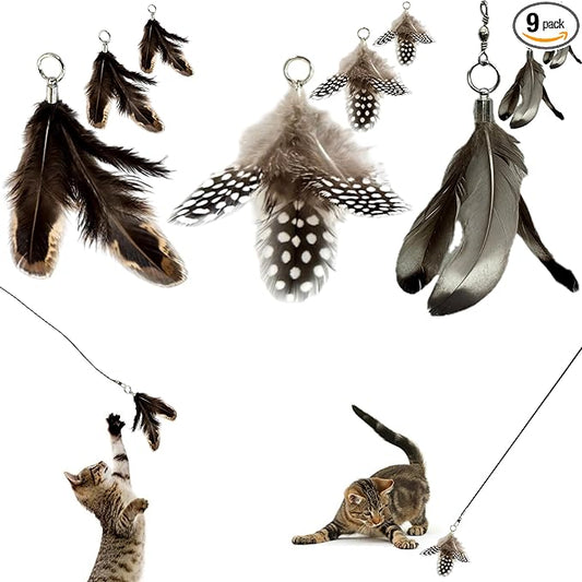 Cat Feather Toy Refill 9-Pack - Natural Feather Cat Toy - Small Size Cat Wand Attachments - Official Cat Toy Feather Replacement for Forever Stick Cat Wand Toy - Cat Wand Refill - Cat Lure and Teaser