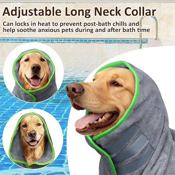Soft Dog Bathrobe Fast Drying Dog Coat, Super Absorbent Dog Towels for After Bath, Microfiber Pet Robe Adjustable Collar & Belly Warm Keeping Dogs Coat for Pet Dogs & Cats (Grey, Large)