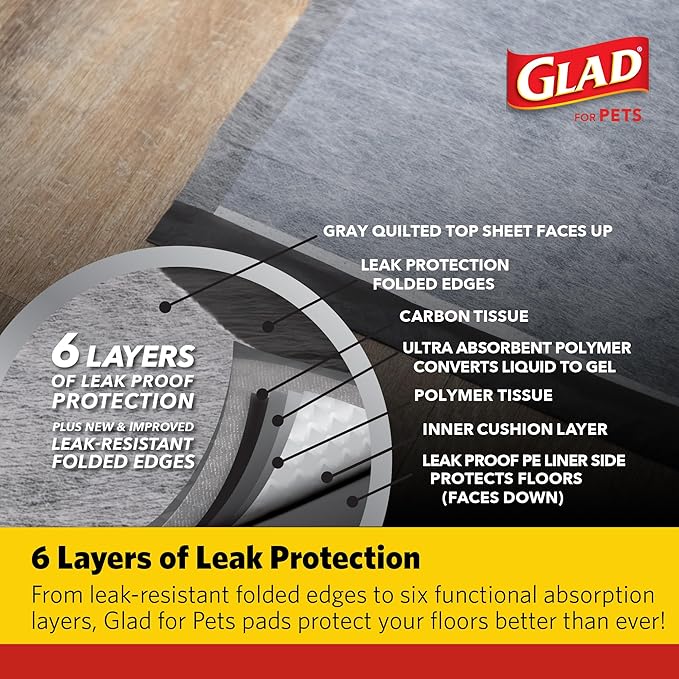 Glad for Pets Activated Carbon Puppy Training Pads with Anti-Microbial Technology, Odor Control Pee Mats for Dogs, 6-Layer Leak-Proof Heavy Duty Indoor Potty Pads, 23 x 23 Inches, 100 Count - 2 Pack