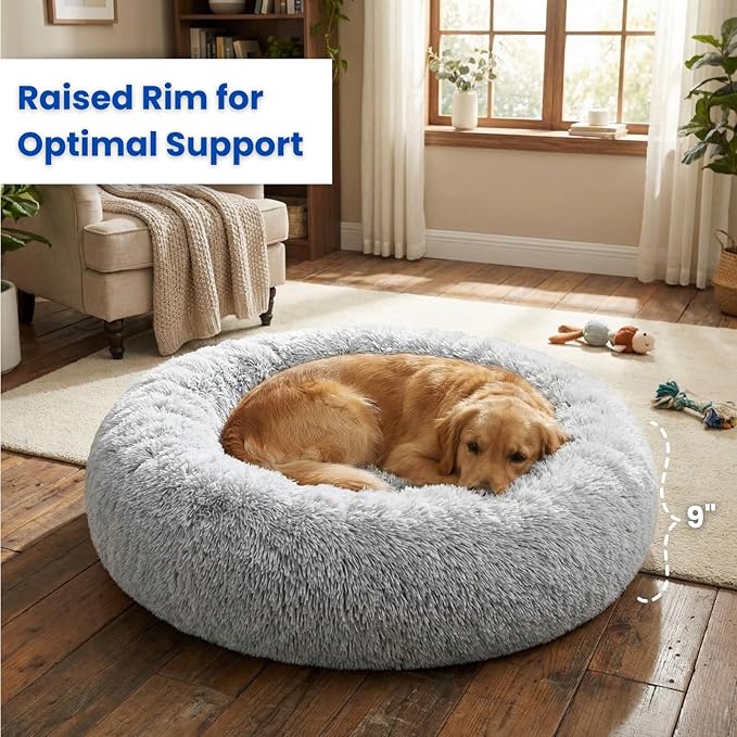 Calming Pet Bed with Water-Resistant Inner Liner – Anti-Anxiety Donut Dog & Cat Bed with Removable Washable Cover – Supportive Plush Nest, Non-Slip & Cushion Protection – Medium, Grey