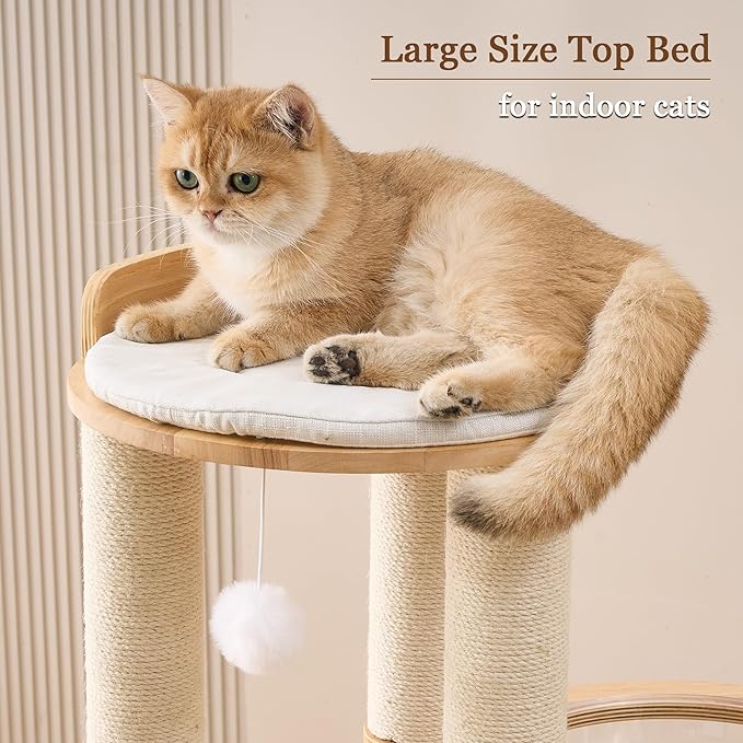 Modern Cat Tree Tower with Scratching Post for Indoor Cats Large Adult, 54 inch Tall Solid Wood Multifunctional Cat Tree Tower with Bed, Dangling Ball, Space Capsule, Scratcher Ball, Multiple Cats Use
