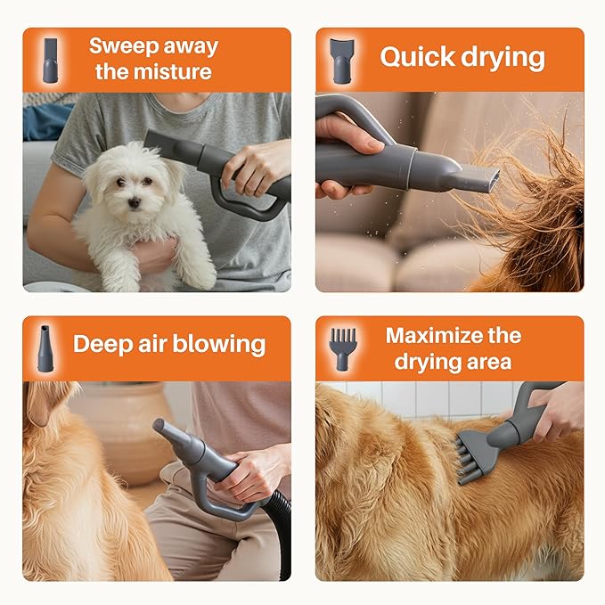 NEWBULIG Dog Hair Dryer, 1550W High Velocity Pet Blow Dryer with Heater for Grooming, Speed Temperature Adjustable Dog Blower Grooming Dryer with 4 Nozzles, Grey