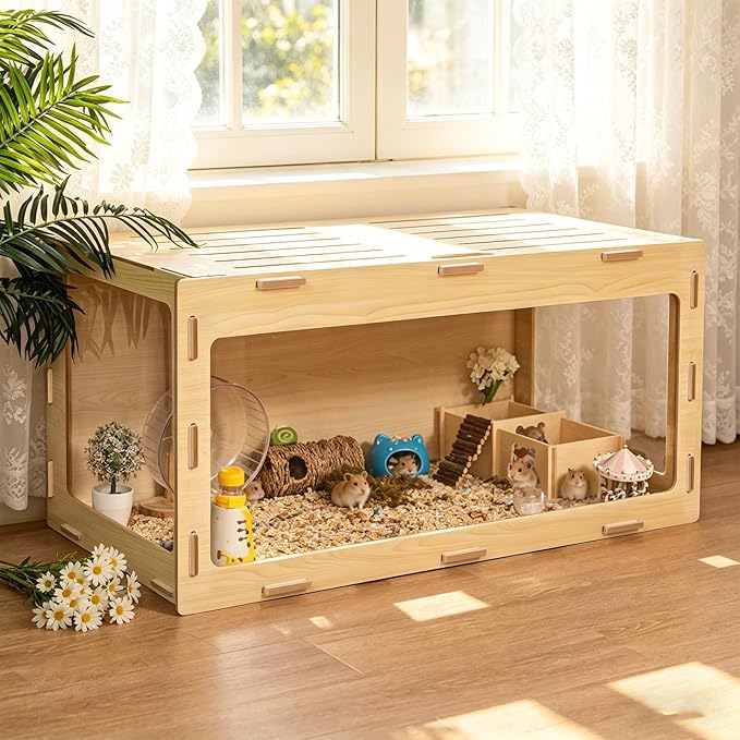COZIWOW Hamster Cage 32", Large Wooden 270° Panoramic View Chewproof Habitat, Bigger World Small Animal House with Openable Top & Acrylic Panels for Syrian, Dwarf Hamsters, Gerbils