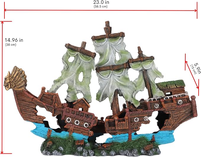 XXL Shipwreck Aquarium Large Decorations Ornament w/Sail (2 Pieces) 20 Gallons high and Larger Fish Tank, Sunken Ship Decoration Ornaments, Pirate Boat, Resin, Freshwater Saltwater Decor