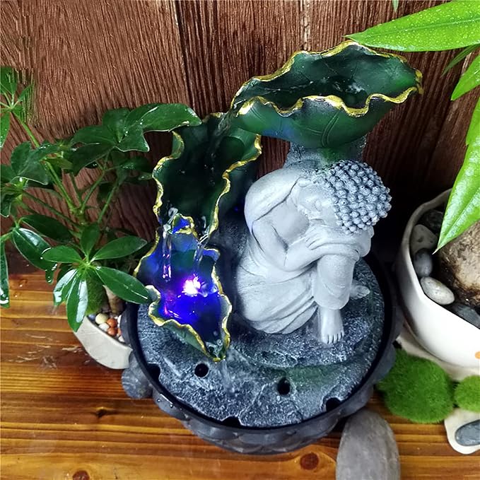 Indoor Fountain Rockery Tabletop Fountain with Buddha Water Feature | Meditation Desktop Fountains for Home Office Decor or Giving 8.1'' x 8.1'' x 11'' with LED Light