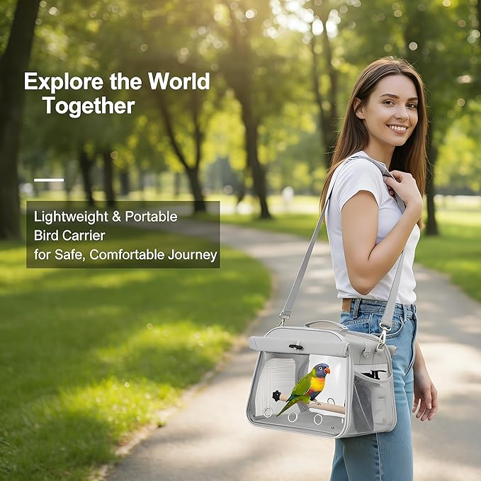 Small Bird Carrier Travel Cage, Portable Bird Cages Bag with Standing Perches for Parrots, Breathable Birds Backpack with Transparent Window for Parakeet Cockatiel Budgies, Grey