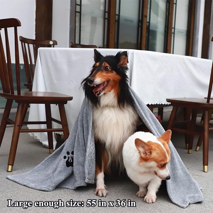 Dogvingpk Extra Large Dog Towel 3 Pack, Super Absorbent Soft Quick Drying Microfiber Pet Bath Towels for Large & Medium Dogs (XL-55" * 36", Grey and Black and Brown)