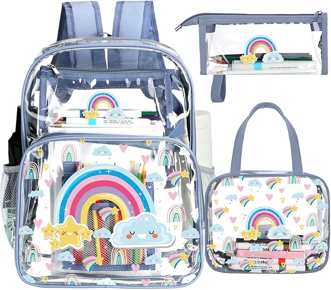 Kacctyen 3 Pcs Clear Backpack Heavy Duty Clear Stadium Bag Transparent Backpack with Lunch Bag(Blue Purple,Rainbow)