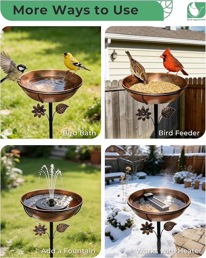 Metal Bird Bath for Outside, 3" Deep 12" Dia Removable Bowl, 36" H Garden Bird Bath | Stable 5-Prong Stake, Rust-Resistant, Easy Clean Outdoor Birdbath for Yard Lawn Patio