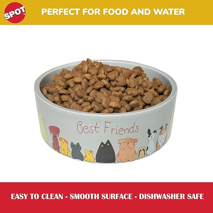SPOT Best Friends Pet Food Dish - Food or Water Ceramic Bowl for Pets, Ideal for Small Dogs, Dishwasher Safe, 1.75 Cups (14oz) Capacity - 5in, Light Grey