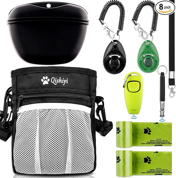 Dog Training Kit,Includes Pet Training Waist,Bag 2 Dog Training Clickers,Treat Pouch,Ultrasonic Silent Whistle,2 in 1 Whistle Clicker Clicker,Training Guide Booklet,2 Dog Poop Bags (Black)