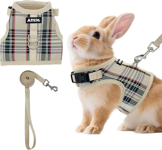 AIITLE Bunny Harness and Leash Set Escape Proof - Magic Tape Design, Lightweight Plaid Pattern Mesh Padding, No Pull No Choke for Puppy Cat Rat Squirrel Ferret, Outdoor Walking Running, Beige S