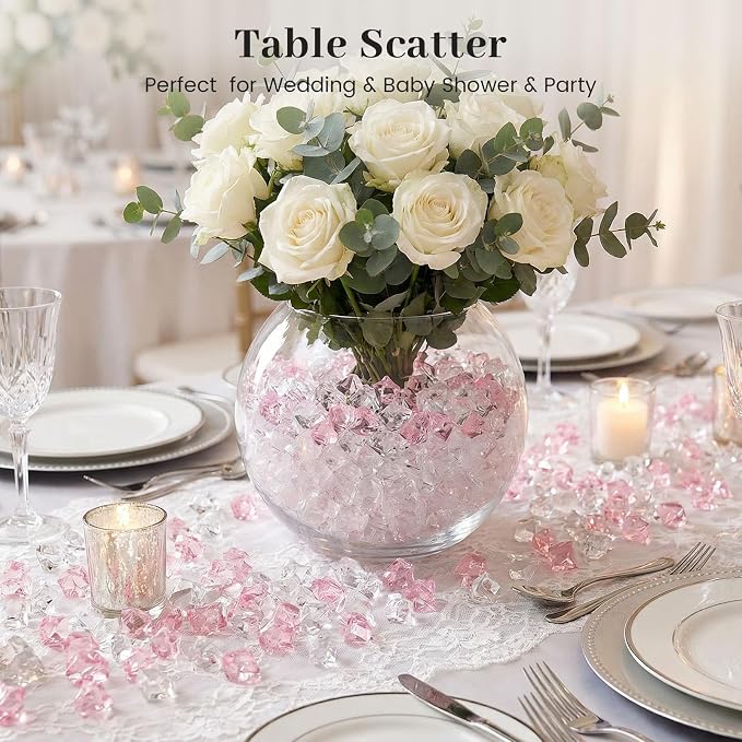 DomeStar Pink and Clear Fake Ice Rocks, 150 PCS Acrylic Crystal Vase Filler | Fake Diamonds for Table Centerpieces Birthday Party Decor, Fish Tanks Decor Table Scatter DIY Craft Supplies