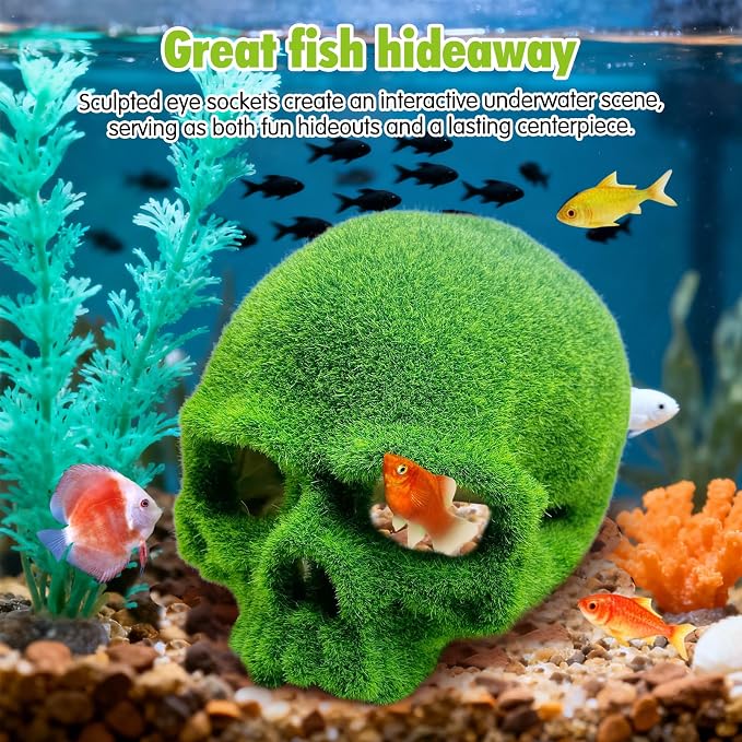 Tfwadmx Mossy Skull Aquarium Decor, Resin Fish Tank Decorations Shrimp Cave Aquarium Betta Fish Hiedout Reptile House for Small Fish