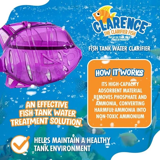 Clarence the Clarifier Fish - 1 pk, Purple - Aquarium Treatment, Clear Cloudy Fresh-Saltwater, Fish-Plant Safe, 10gal Tank Maintenance Each | Fish-shaped filter media, fresh & saltwater safe, controls ammonia & phosphate, up to 60 days per 10 gal