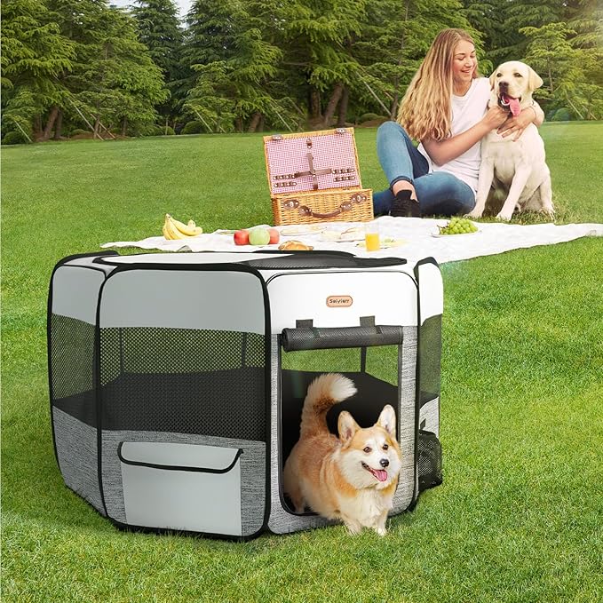 Seiyierr Puppy Playpen, 45" Portable Dog Playpen, Pet Playpen for Dogs Cats, Pop Up Playpen and Exercise Play Pen Dog Tent Indoor/ Outdoor, Removable Shade Cover