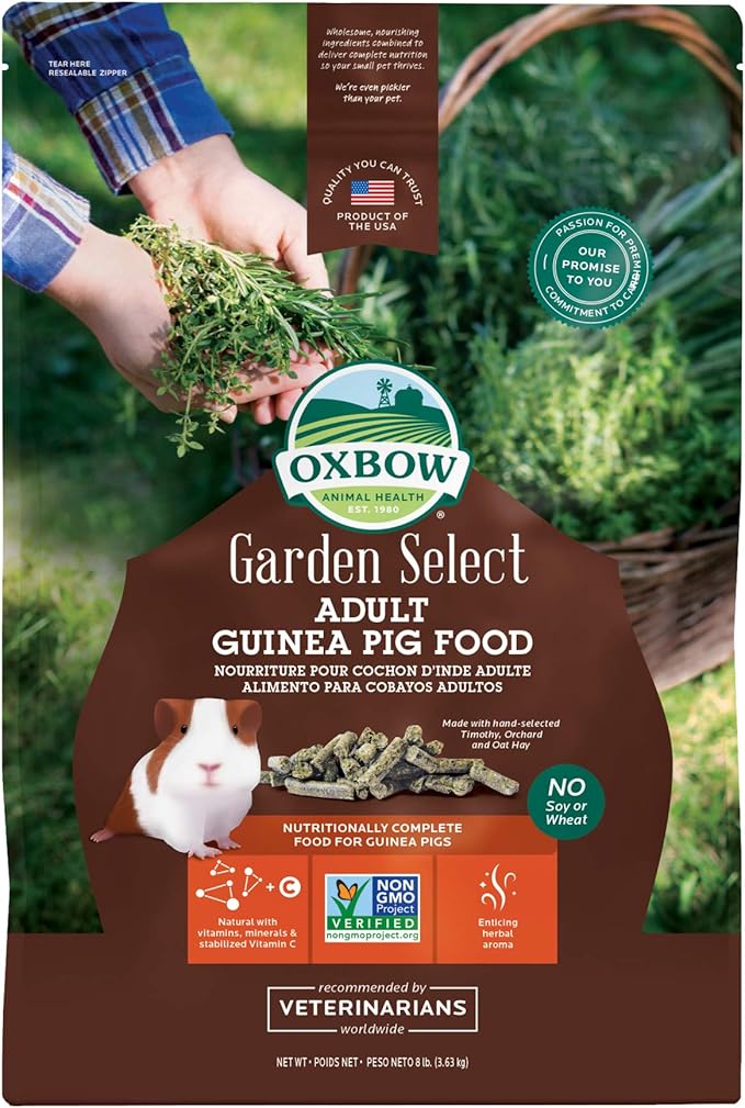 Oxbow Garden Select Guinea Pig Food, Adult, Made with Oxbow Timothy Hay for Guinea Pig, Pet Food Pellets with Vitamin C, Non-GMO, Small Animal Pet Products, Made in USA, High Fiber, 8 lb. Bag