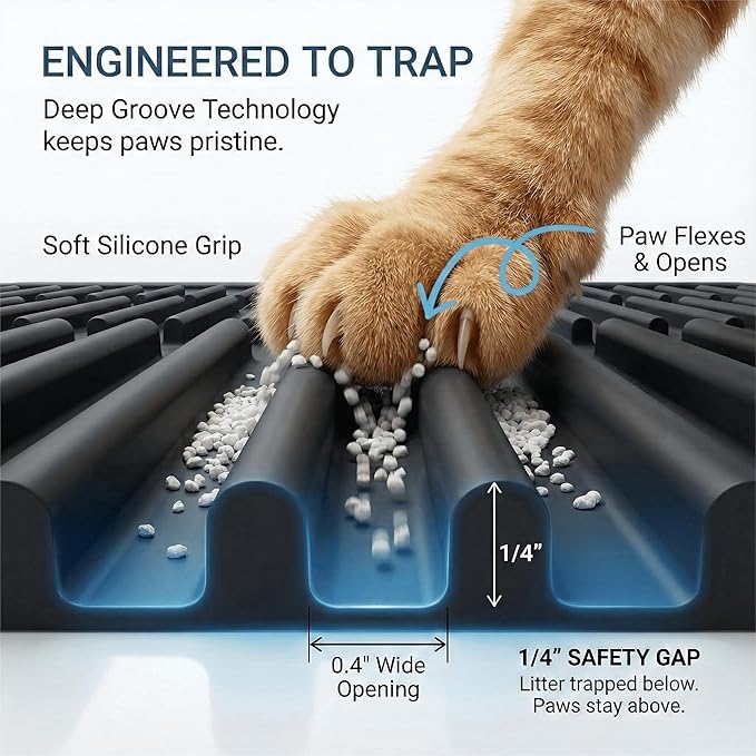 Extra Large Litter Mat: XL 39"x29" Silicone Waterproof Groove Design Litter Trapping Mat Easy to Clean for Multiple-Cats - Jumbo Non-Slip Cat Box Rug for Floor (Black)