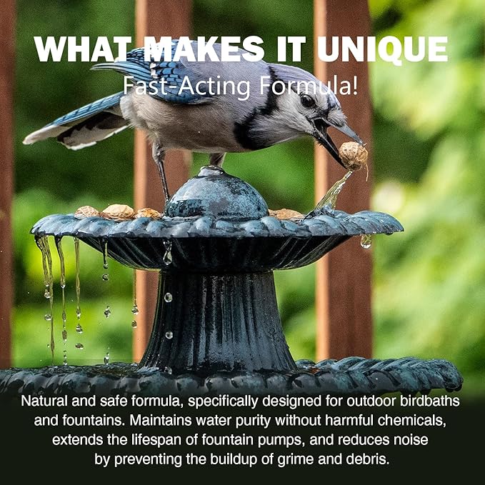 Bird Bath Cleaner, Bird Bath Fountains Clarifier, Liquid Birdbath and Fountain Maintenance, Promotes Clean & Clear Water - Natural Formula, Prevents Stains & Cloudiness - 7 Oz