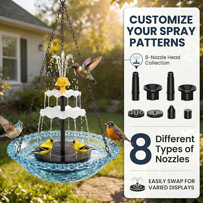 Solar Cascade Hanging Bird Bath Fountain, Solar Fountain Pump with 8 Nozzles, Hanging Bird Bath with Water for Outdoors Garden Patio Backyard Lawn Decor (Red)