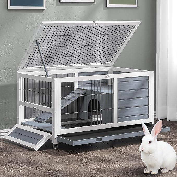 Rabbit Hutch Indoor/Outdoor with Wheels, 2 Story Wooden Bunny Cage Leak-Proof Trays & Easy Feed Support Rod, Large Guinea Pig House with Ramp, Pet Habitat for Small Animals (Light Grey)