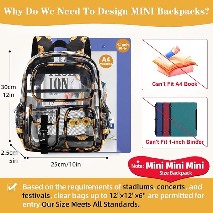 Mini Clear Backpack for Stadium Approved 12x6x12, Small Transparent Backpacks Plastic See Through Clear Bag for Kids Girls Women for Sporting Event, Concerts, Work, Festival (Sunflower)