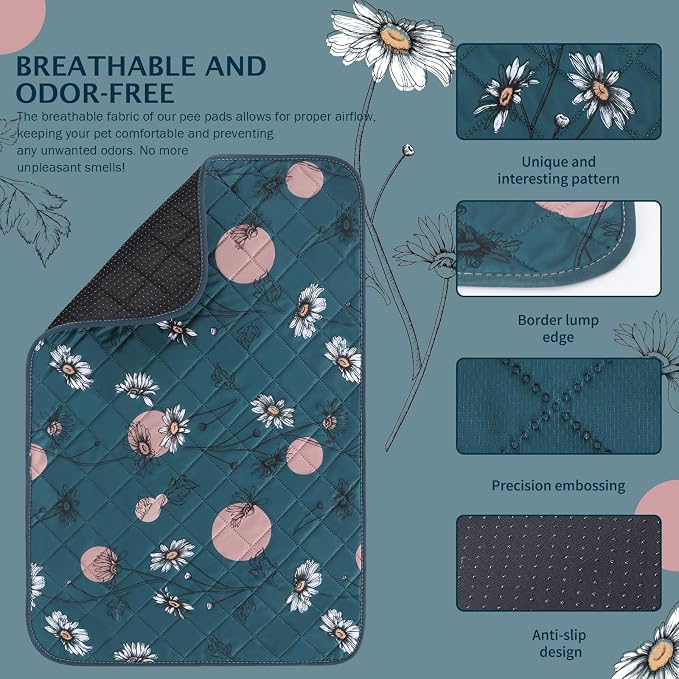 IEUUMLER Washable Pee Pads for Dogs, 2 Pack Non-Slip & Waterproof Whelping Pad, Reusable Puppy Potty Training with Fast Absorbent for Playpen EU007 (Navy Blue Daisy, 31"X36"-2pcs)