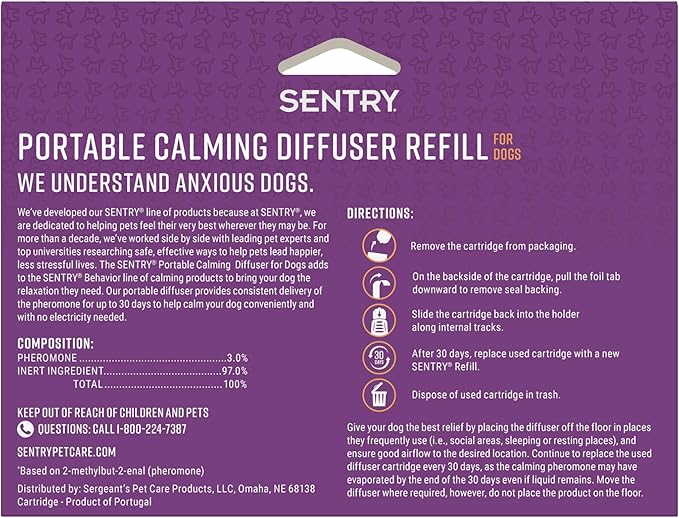 Sentry Behavior Portable Calming Diffuser Refill for Dogs, Reduces Response to Normal Stress and Bad Behavior with Calming Phereomones, Easy-to-use Portable Design, 60 Day Release
