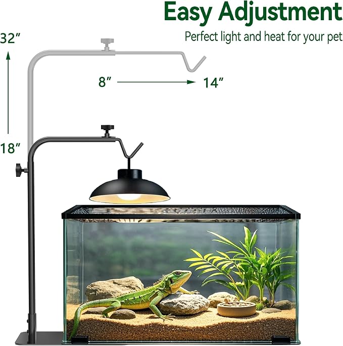Reptile Heat Lamp Stand, Adjustable 18"-32"H Light Holder, Heavy Base | Heavy Duty, Wide Compatibility for Bearded Dragon, Turtle, Snake, Lizard, Terrarium Tank or Aquarium Use