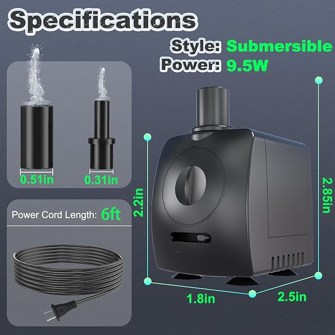 SongLong Submersible Pump 130GPH Ultra Quiet 4ft High Lift for Fountains, Hydroponics, Ponds, Aquariums & More…