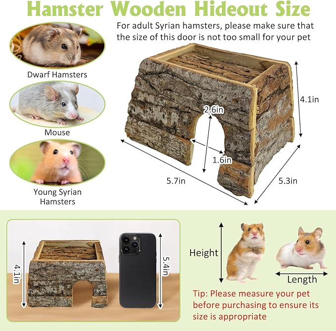 kathson Bark Wood Dwarf Hamster House Mouse Natural Chewable Hideout Hut Mice Resting Room Hamster Cage Accessories for Dwarf Hamster Mice Young Syrian Hamsters and Other Small Animals
