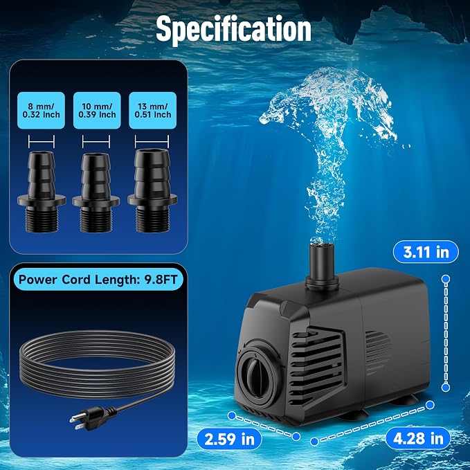 880GPH Submersible Water Pump, Water Fountain (85W 3200L/H) with 10.5FT High Lift Adjustable & 3 Nozzles & 16.4FT Cord, Ultra Quiet Aquarium Pump for Pond Fountain Waterfall Hydroponics-Q105