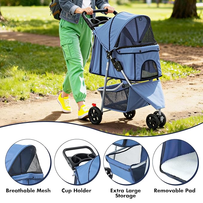 Smug 3 Wheels Pet Stroller, Dog and Cat Strollers with Storage Basket and Cup Holder, Lightweight Travel Carrier, Breathable, Waterproof and Foldable for Small Pets Outdoor Walk, Blue