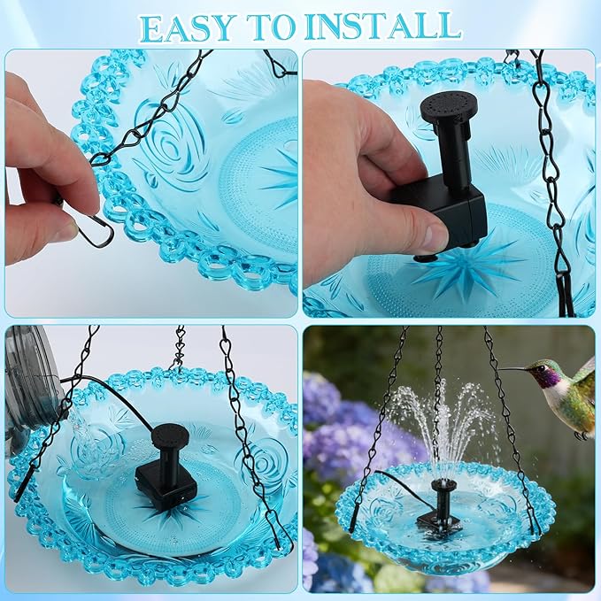 warmow Hanging Bird Bath Fountain, Outdoor Water Fountain, Hanging Bird Bath with Water for Outdoors Garden Patio Backyard Lawn Decor (USB-Powered Single-Layer, Blue)