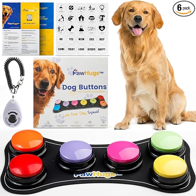 Dog Buttons for Communication with Mat & Clicker – 30s Recordable Dog Buttons Talk, Talking Buttons for Dogs, Gift for Dog Owners with Training Guide, Custom Stickers, and Clear Sound (6-Pack)