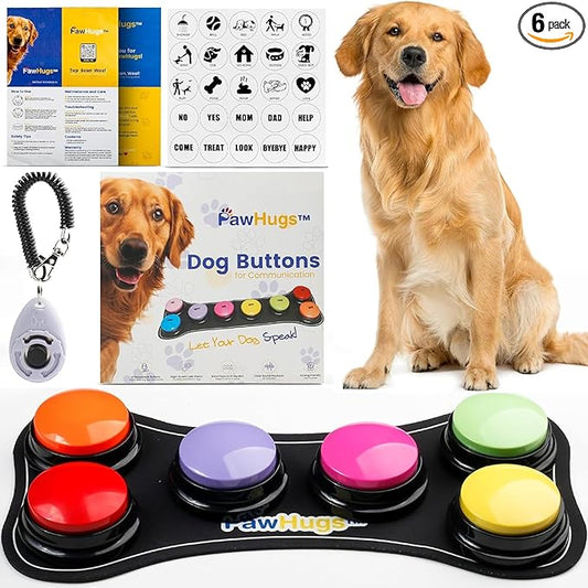Dog Buttons for Communication with Mat & Clicker – 30s Recordable Dog Buttons Talk, Talking Buttons for Dogs, Gift for Dog Owners with Training Guide, Custom Stickers, and Clear Sound (6-Pack)