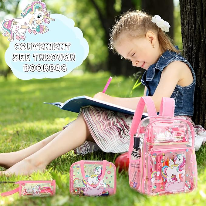 Kacctyen 3 Pcs Clear Backpack Heavy Duty Clear Stadium Bag Transparent Backpack with Lunch Bag(Pink,Rainbow, Unicorn)