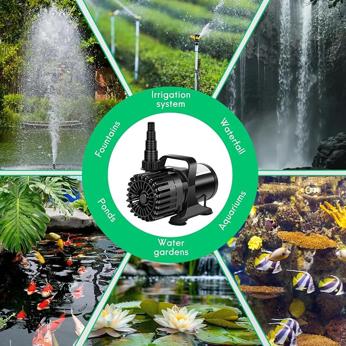 3200 GPH Pond Pump for Fish Pond Fountain & Waterfall, 18ft Lift | 150W Submersible Water Pump, 180° Rotatable Outlet, Filter Bag & 20FT Power Cord, Ultra-Quiet, UL Listed