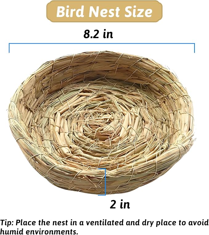 Fhiny Handmade Woven Bird Spawning Nest with Coconut Fiber Liner Flat Base Straw Bird Nest Bed Hatch Roosting for Dove Pigeon Parrot Turtle Quail Macaw Cuckoo Sparrow