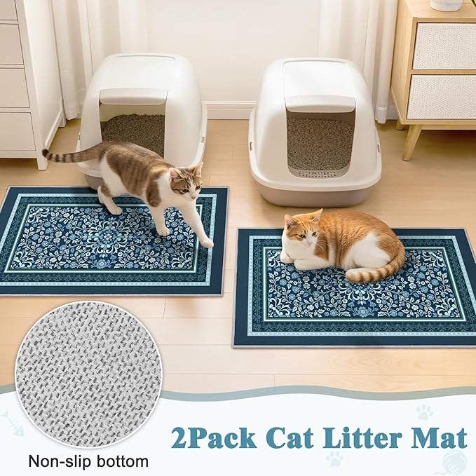 Bienbee Cat Litter Mat, 2PCS 33"x22" Machine Washable Litters Box Mats Non-Slip &Waterproof Cat Litters Trapping Mats Easy to Clean Mat for Litter Box Less Waste Protects Floors Navy Blue L