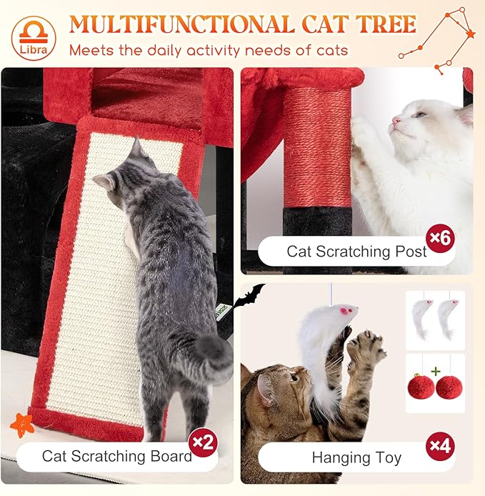 Globlazer Heavy Duty Cat Tree 78 inch Sturdy Gothic Cat Tower for 20lbs Large Adult Cats, Symmetrical Aesthetic Big Goth Cat Tree with Extra Large Platform, 2 Scratching Boards, Z78, Black Red