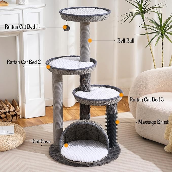 HITTITE Modern Cat Tree Tower with Scratching Post, 46 Inches Tall Cat Towers with Woven Cat Nests and Cave, Multi-Level Cat Tree With Removable Cushions and Massage Brush for Indoor Cats Large Adult.